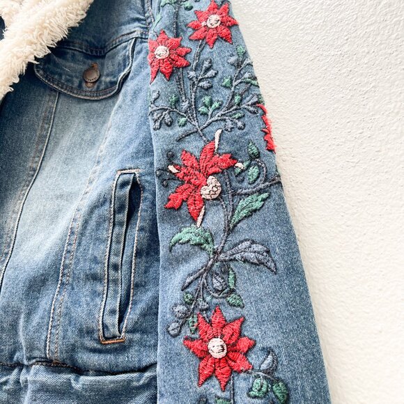 Sherpa Jean Jacket with Red Embroidered Flowers.  Size Small - Picture 10 of 11